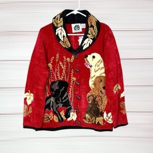 NWT Vintage Storybook Knits Red Cardigan Plush Sweater Sporting Hounds Dogs L